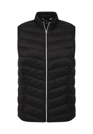 Černá péřová vesta s vysokým límcem, předním zipem a vzorem ve tvaru šípů. Látka je hladká s matným povrchem.