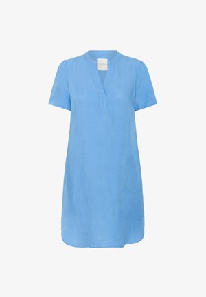 Lichtblauw linnen jurk met korte mouwen en een V-halslijn, voorzien van twee zijzakken en een losse pasvorm. Soepele textuur en casual ontwerp.