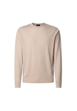 Light beige sweater made of soft fabric, featuring a round neck, long sleeves, and a straight hem. Simple, clean design without patterns.