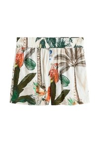 Șorturi de baie pentru bărbați din material ușor, cu un design tropical ce prezintă papagali colorați, palmieri și frunze verzi pe un fundal alb.