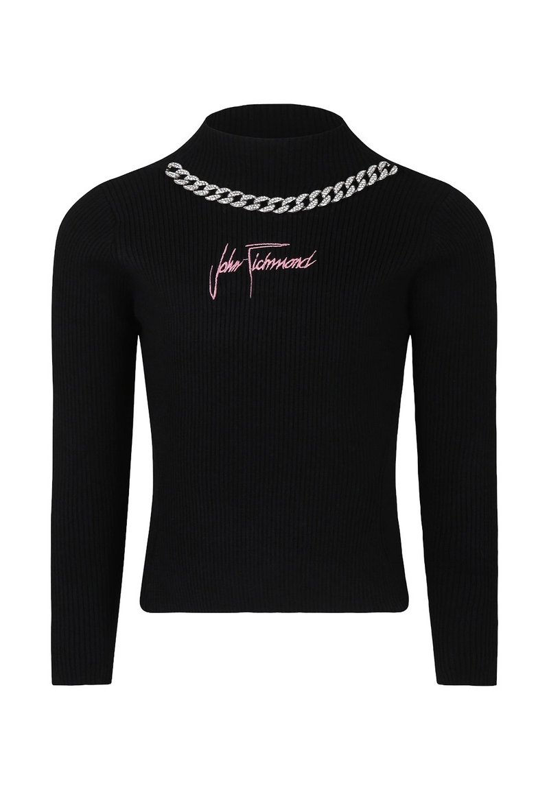 Maglione nero a collo alto con costine, caratterizzato da un design a catena metallica e logo ricamato rosa sul davanti. Maniche lunghe e silhouette aderente.