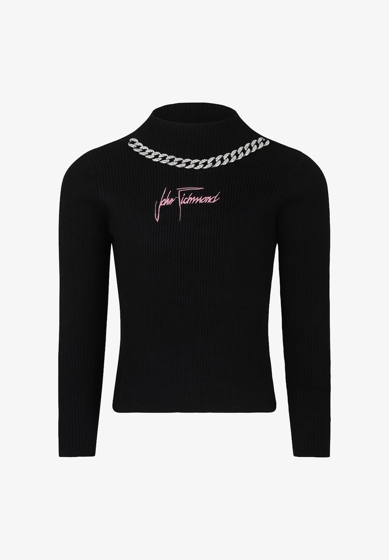 Maglione nero a collo alto con costine, caratterizzato da un design a catena metallica e logo ricamato rosa sul davanti. Maniche lunghe e silhouette aderente.