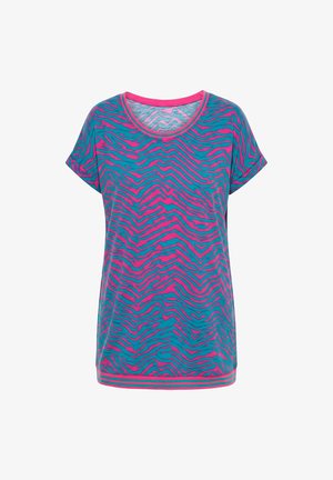 Dámské tričko s krátkými rukávy s růžovými a tyrkysovými zebřími pruhy a kulatým růžovým límcem a proužkem na spodním lemu.