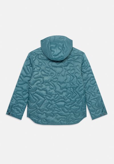 Teal quilted jacket with a hood, featuring a textured pattern, long sleeves, and closure details at cuffs. Smooth fabric surface.