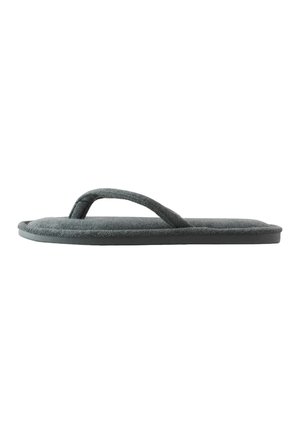 Gray fabric flip-flop with a soft texture, flat sole, and minimalistic design featuring double straps for foot support.