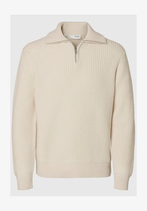 Cremfarbener Pullover mit geripptem Textur, halber Reißverschlusskragen und dehnbaren Bündchen. Weicher Strickstoff mit lockerer Passform.