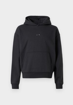 Black hoodie made of cotton blend, featuring a kangaroo pocket, ribbed cuffs, and a logo detail on the chest. Classic, relaxed fit.