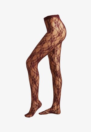 Burgundy lace tights with floral pattern, sheer material, fitted design, soft texture, and a high waistband. Hosiery covers legs completely.