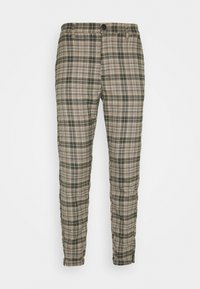 Pantaloni a quadri in tonalità di verde e beige, realizzati in un tessuto leggero. Presentano una vestibilità slim e una chiusura con bottone frontale.