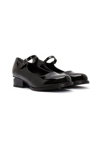Zwarte gepatineerde leren Mary Jane-schoenen met een lage blokhak, ronde neus en een verstelbare band rond de enkel.