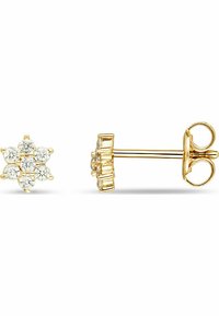 Gold flower-shaped stud earrings featuring multiple round and baguette-cut clear crystals, secured with a push-back closure.