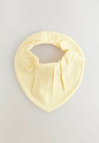 Yellow pleated neck scarf with a soft texture and snap button closure, featuring a triangular shape and an elasticated design for comfort.