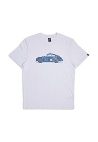 White cotton T-shirt featuring a blue graphic illustration of a vintage car on the front. Short sleeves and a round neck design.