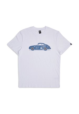 White cotton T-shirt featuring a blue graphic illustration of a vintage car on the front. Short sleeves and a round neck design.