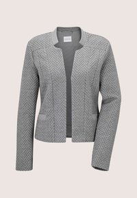 Grijze dames blazer met chevron-gequilt patroon, kraagloos ontwerp, lange mouwen en twee voorzakken met sleuven.