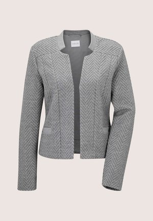 Grauer Damenblazer mit Zickzack-Steppmuster, kragenlosem Design, langen Ärmeln und zwei vorderen Eingrifftaschen.