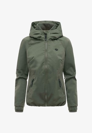 Giacca verde oliva con cappuccio, cerniera frontale, due tasche con cerniera, polsini a costine e una piccola toppa con logo nero sul petto.