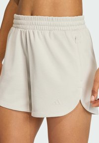 Lichtgrijze sportshorts van een gestructureerde stof, met elastische tailleband en zijritszak. Voorzien van een klein logo op de onderste zoom.