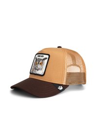 Brown and tan trucker cap with mesh back, featuring an embroidered owl patch labeled "WISE ASS" on the front.