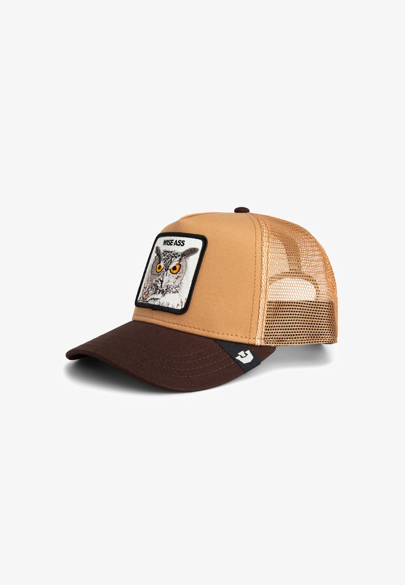 Brown and tan trucker cap with mesh back, featuring an embroidered owl patch labeled "WISE ASS" on the front.