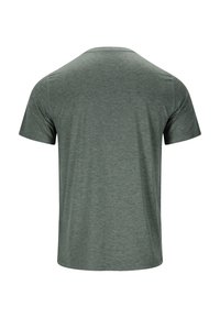 Camiseta de manga corta lisas de color gris jaspeado mostrada desde la parte de atrás sobre un fondo blanco.