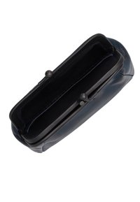 Navy blue leather clutch purse with a metal clasp closure, featuring a smooth exterior and a dark fabric lining inside.