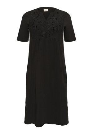 Zwarte jurk met korte mouwen, voorzien van een textuurachtige kant bodice, knoopdetails en een vloeiende rok. Gemaakt van zachte, ademende stof.
