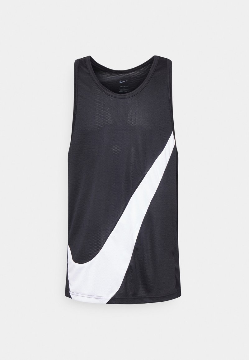 Débardeur de sport noir sans manches avec un grand logo Nike swoosh diagonal blanc sur le devant, en tissu mesh respirant.