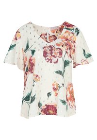 Blouse blanche à manches courtes avec grands imprimés floraux multicolores et petits motifs argentés en forme de goutte, dotée d'un col rond et d'un dos à ouverture en forme de trou.