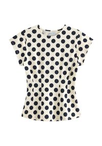 Kremfarvet bomulds-T-shirt med korte ærmer, der har et navyblåt polkaprikket mønster, rund halsudskæring og en let figursyet pasform.