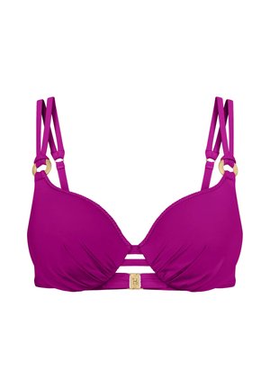 Fioletowy top bikini z ozdobami w postaci złotych pierścieni, podwójnymi ramiączkami i złotym zapięciem z przodu na środku.