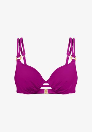 Fioletowy top bikini z ozdobami w postaci złotych pierścieni, podwójnymi ramiączkami i złotym zapięciem z przodu na środku.