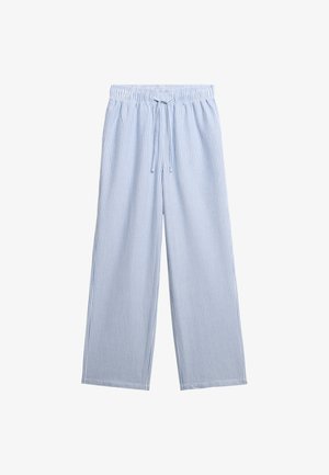 Light blue and white vertically striped wide-leg pants with elastic waistband and front drawstring.