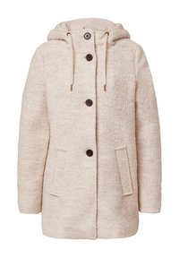 Manteau couleur crème en tissu doux et texturé, avec capuche ajustable et fermeture à boutons sur le devant. Dispose de deux poches latérales et de boutons marron.