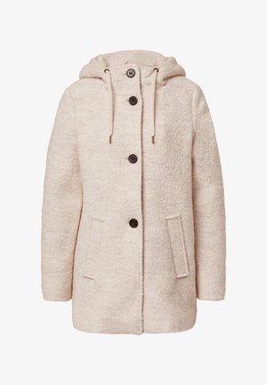 Cremfarbener Mantel aus einem weichen, strukturierten Stoff, mit verstellbarer Kapuze und Knopfverschluss vorne. Verfügt über zwei seitliche Taschen und braune Knöpfe.