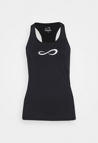 Débardeur noir en tissu extensible, avec un logo symbole infini blanc sur le devant et des panneaux en mesh sur les bretelles.