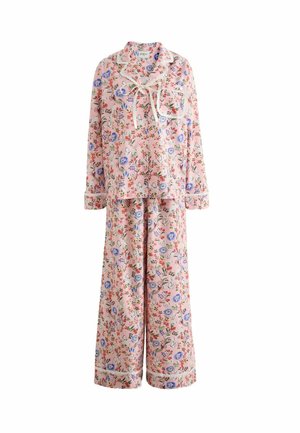 Weiches rosa geblümtes zweiteiliges Pyjama-Set mit langen Ärmeln, weit geschnittenen Hosen, Kragen, Fronttasche und Bindverschluss vorne.