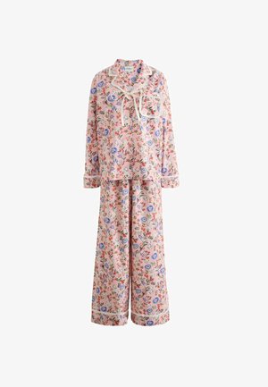 Weiches rosa geblümtes zweiteiliges Pyjama-Set mit langen Ärmeln, weit geschnittenen Hosen, Kragen, Fronttasche und Bindverschluss vorne.