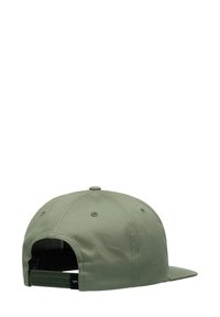 Khaki baseball cap with a stiff brim, six-panel design, and ventilation eyelets. Adjustable strap at the back with logo detail.
