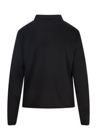 Schwarzes Langarm-Polo mit flachem Kragen, glatter Textur und geradem Schnitt, ohne sichtbare Verzierungen oder Muster.