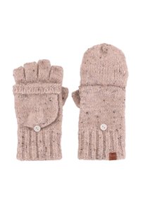 Beżowe, dziane rękawiczki bez palców z odpinanym kapturkiem na palce, z teksturowanym wzorem, ściągaczem oraz detalem w postaci guzika. Materiał wydaje się ciepły i przytulny.