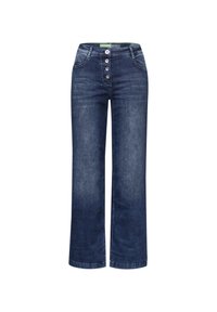 Jeans de mezclilla azul de pierna ancha con cintura alta, que presentan cinco botones, dos bolsillos frontales y un lavado desgastado para aportar textura.