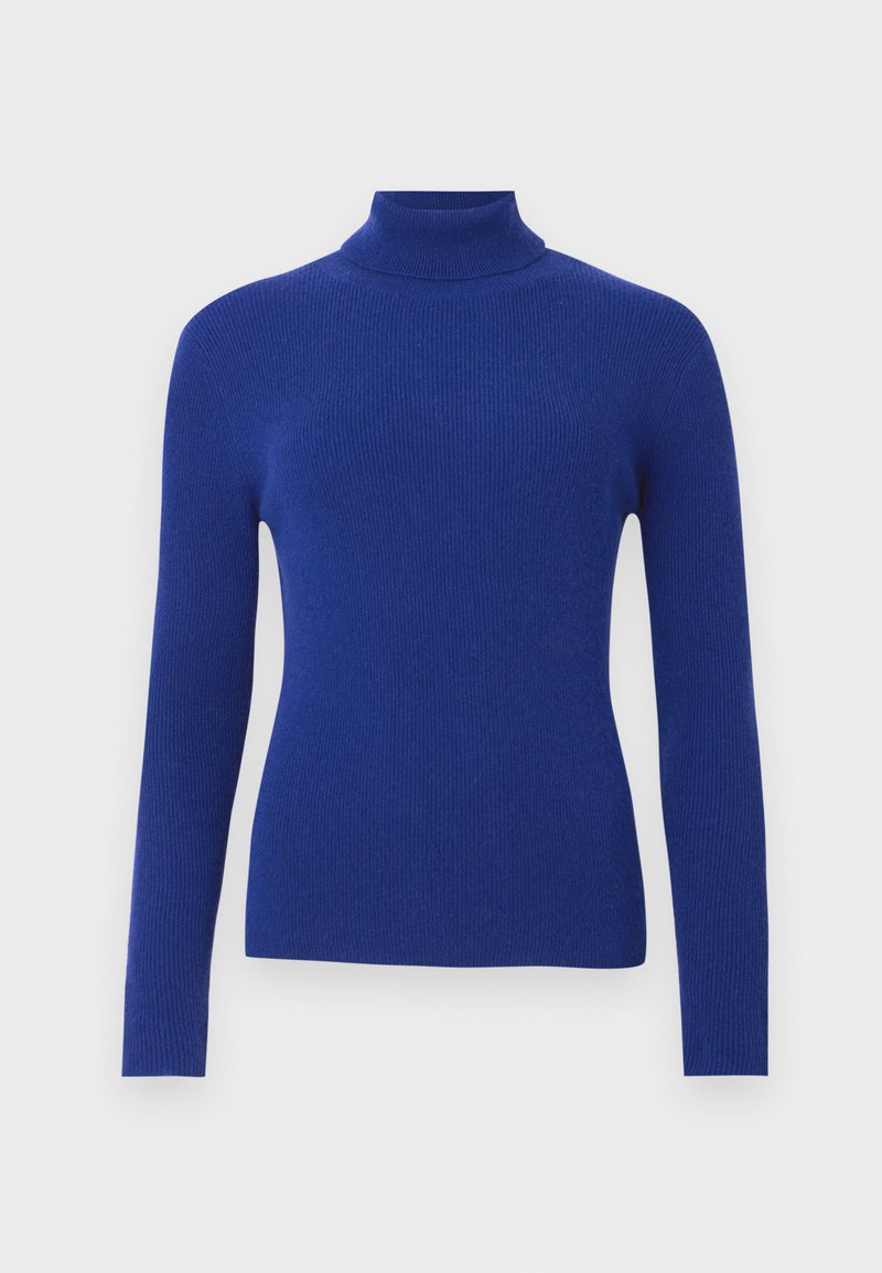 Jersey de cuello alto azul con costillas, de manga larga, hecho de un tejido suave, con un diseño ajustado y un cuello alto. Sin acentos adicionales.