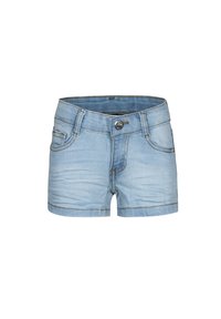 Shorts in denim azzurro chiaro con design aderente, cinque tasche, chiusura con bottone e cuciture in contrasto lungo gli orli e i bordi.