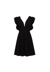 Black dress with a deep V-neckline, short ruffled sleeves, and a flared skirt. Constructed from a smooth, lightweight fabric.