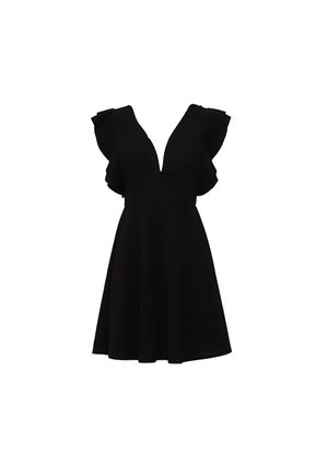 Black dress with a deep V-neckline, short ruffled sleeves, and a flared skirt. Constructed from a smooth, lightweight fabric.