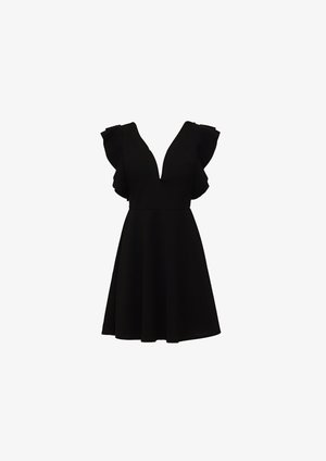 Black dress with a deep V-neckline, short ruffled sleeves, and a flared skirt. Constructed from a smooth, lightweight fabric.