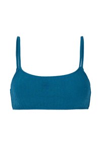 Crop top en tissu texturé bleu avec fines bretelles doubles et encolure droite.