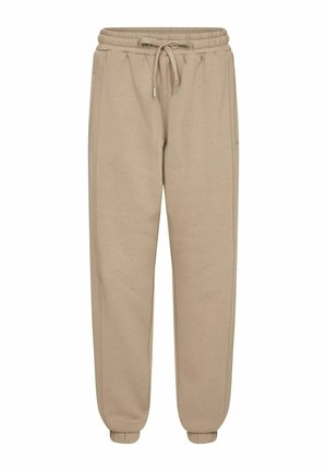 Beige színű melegítőnadrág elasztikus derékkal, állítható zsinórral, oldalzsebekkel és bordázott mandzsettákkal a bokánál. Puha szövettextúra.