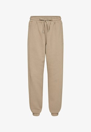 Bežad spordipüksid, millel on elastne vöökoht, reguleeritav kinnistring, küljetaskud ja soonikkoes mansetid pahkluudes. Pehme kanga tekstuur.